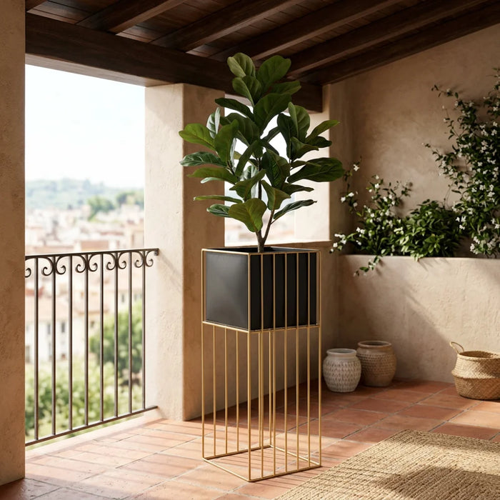 Porta Macetero Pedestal Maceta Plantas Negro Dorado Grande