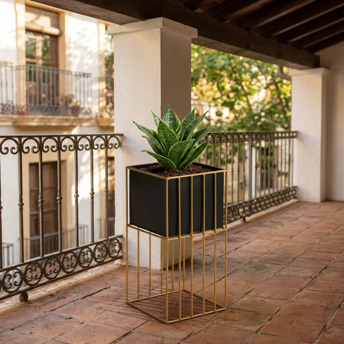 Porta Macetero Pedestal Maceta Plantas Negro Dorado Mediano