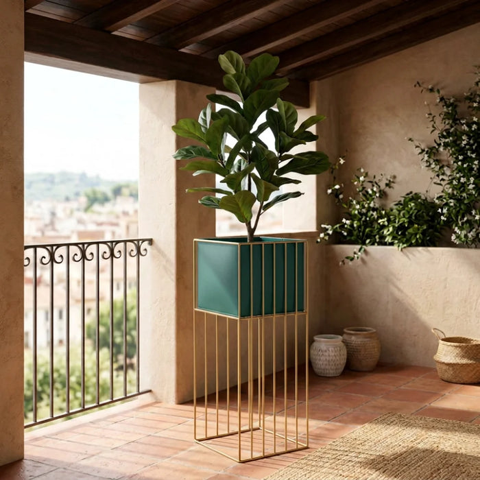 Porta Macetero Pedestal Maceta Plantas Verde Dorado Grande