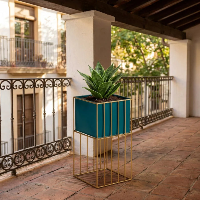 Porta Macetero Pedestal Maceta Plantas Verde Dorado Mediano