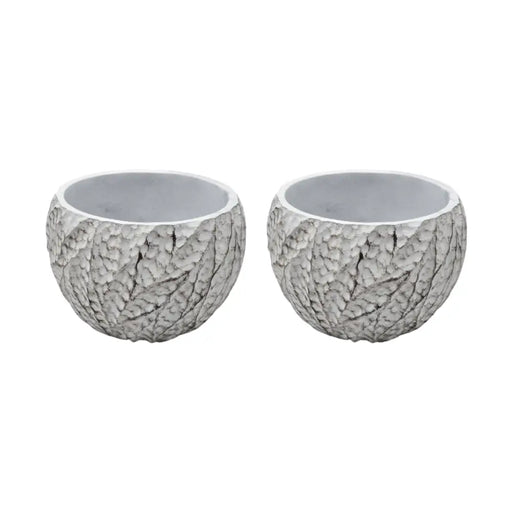 Set 2 Macetero Maceta Acabado Cemento Relieve Hojas Blanco L - Fliperex