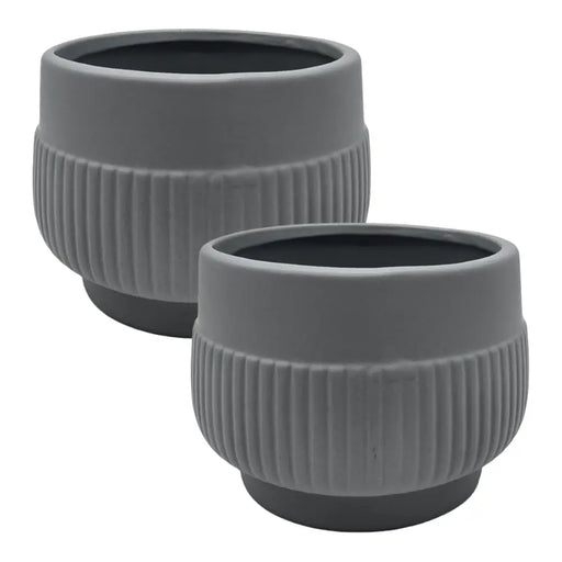 Set 2 Macetero Maceta Acabado Mate Gris Con Lineas Relieve - Fliperex