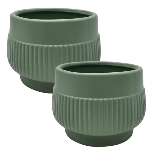 Set 2 Macetero Maceta Acabado Mate Verde Con Lineas Relieve - Fliperex