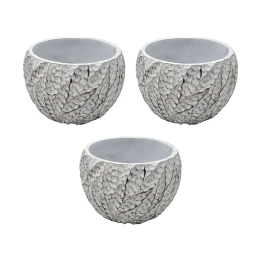 Set 3 Macetero Maceta Acabado Cemento Relieve Hojas Blanco M - Fliperex