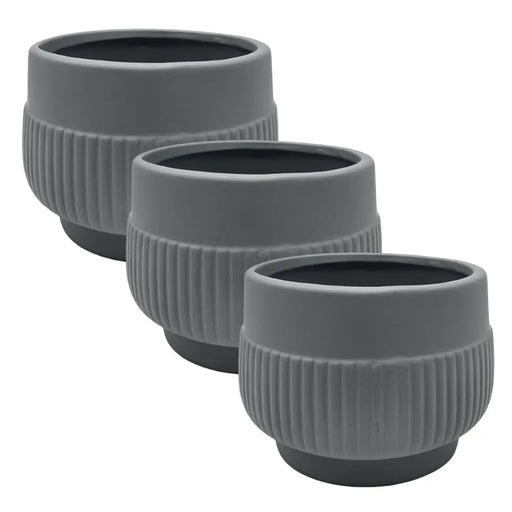 Set 3 Macetero Maceta Acabado Mate Gris Con Lineas Relieve - Fliperex