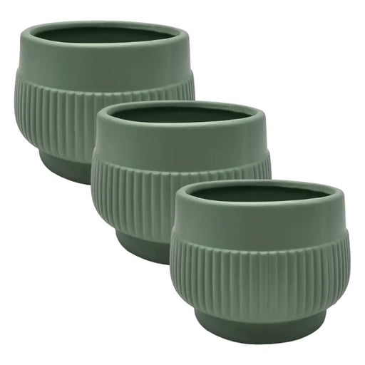 Set 3 Macetero Maceta Acabado Mate Verde Con Lineas Relieve - Fliperex
