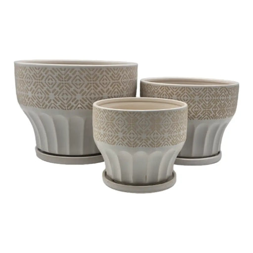 Set 3 Macetero Maceta De Ceramica Blanco Patrones Beige Alto - Fliperex