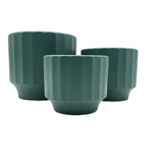 Set 3 Macetero Maceta De Ceramica Verde Lineas Verticales - Fliperex