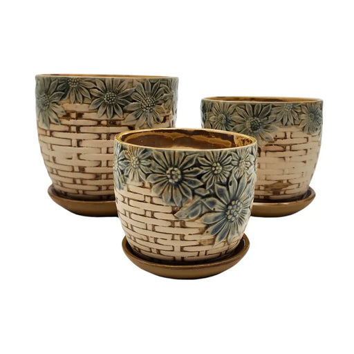 Set 3 Maceteros De Cerámica Diseño Rustico Café Turquesa - Fliperex