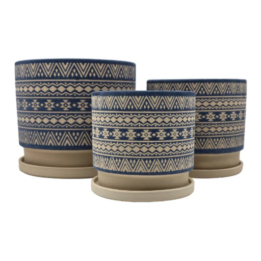 Set 3 Maceteros Maceta De Ceramica Azul Con Patrones Beige - Fliperex
