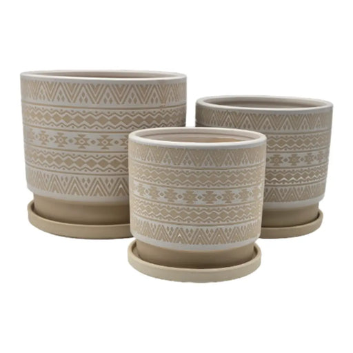 Set 3 Maceteros Maceta De Ceramica Beige Con Patrones Blanco - Fliperex