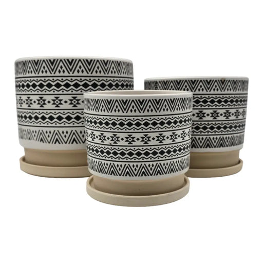 Set 3 Maceteros Maceta De Ceramica Blanco Con Patrones Negro - Fliperex
