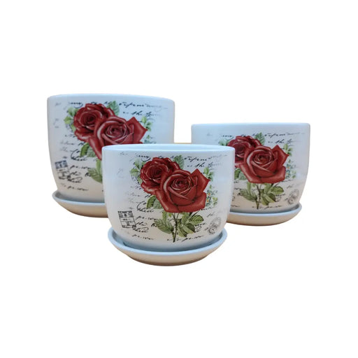 Set 3 Maceteros Maceta De Cerámica Blanco Diseño Rosas - Fliperex