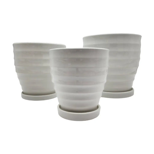 Set 3 Maceteros Maceta De Cerámica Blancos Líneas Horizontal - Fliperex