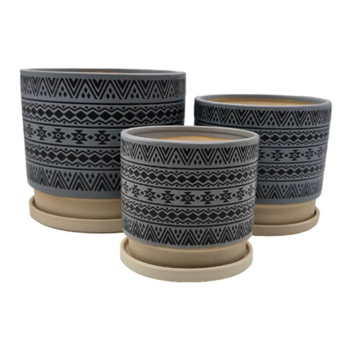 Set 3 Maceteros Maceta De Ceramica Gris Con Patrones Negros - Fliperex