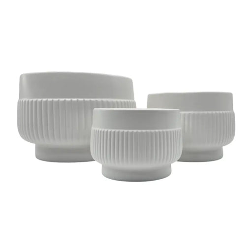 Set 3 Maceteros Maceta De Ceramica Lineas Relieve Blanco - Fliperex