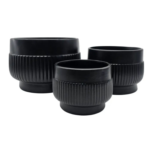 Set 3 Maceteros Maceta De Ceramica Lineas Relieve Negro - Fliperex