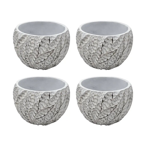 Set 4 Macetero Maceta Acabado Cemento Relieve Hojas Blanco S - Fliperex