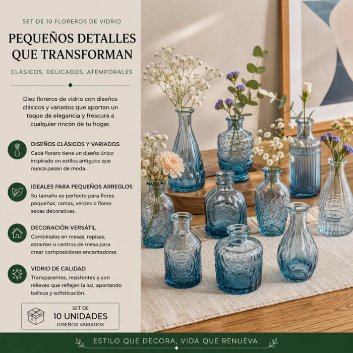 Set 10 Floreros Vidrio Tallado Efecto Degradado Decorativo