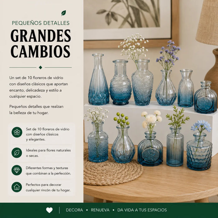 Set 10 Floreros Vidrio Tallado Efecto Degradado Decorativo