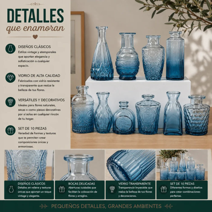 Set 10 Floreros Vidrio Tallado Efecto Degradado Decorativo