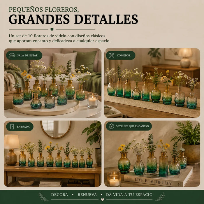 Set 10 Floreros Vidrio Tallado Efecto Degradado Decorativo