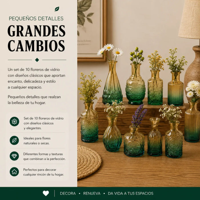 Set 10 Floreros Vidrio Tallado Efecto Degradado Decorativo