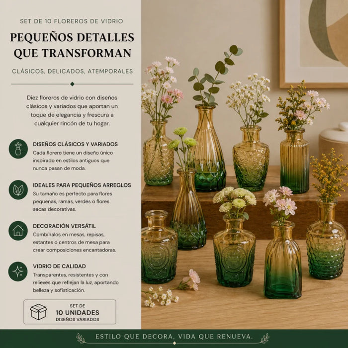 Set 10 Floreros Vidrio Tallado Efecto Degradado Decorativo