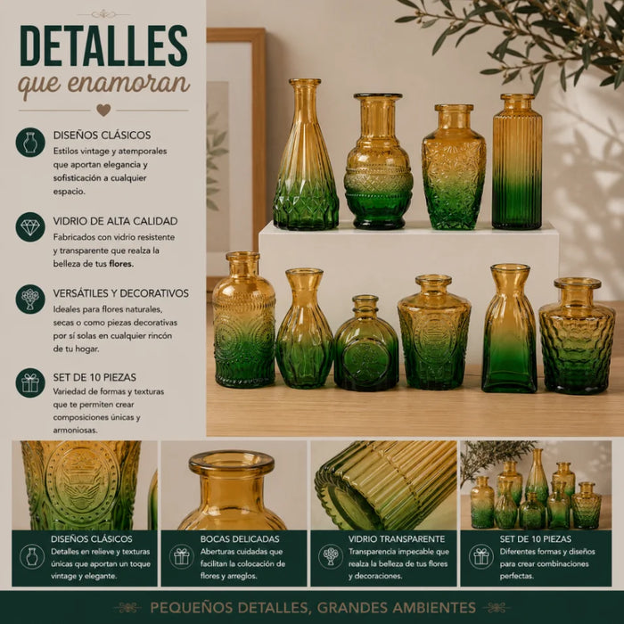 Set 10 Floreros Vidrio Tallado Efecto Degradado Decorativo