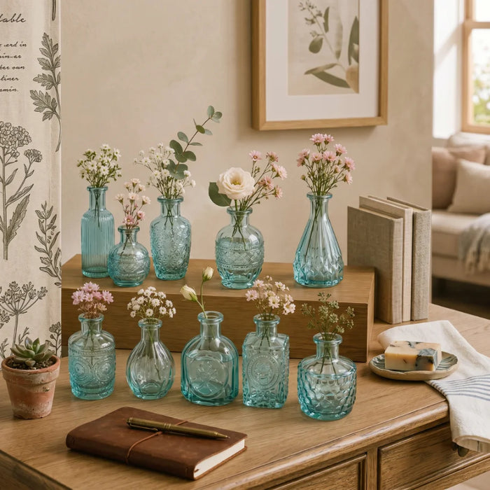 Set 10 Floreros Vidrio Tallado Efecto Degradado Decorativo
