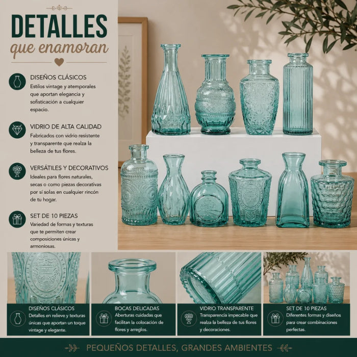 Set 10 Floreros Vidrio Tallado Efecto Degradado Decorativo
