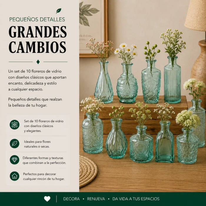 Set 10 Floreros Vidrio Tallado Efecto Degradado Decorativo