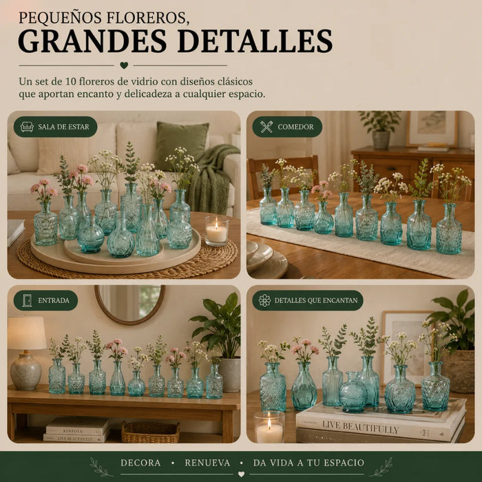 Set 10 Floreros Vidrio Tallado Efecto Degradado Decorativo