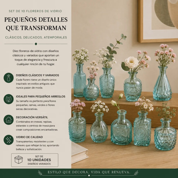 Set 10 Floreros Vidrio Tallado Efecto Degradado Decorativo