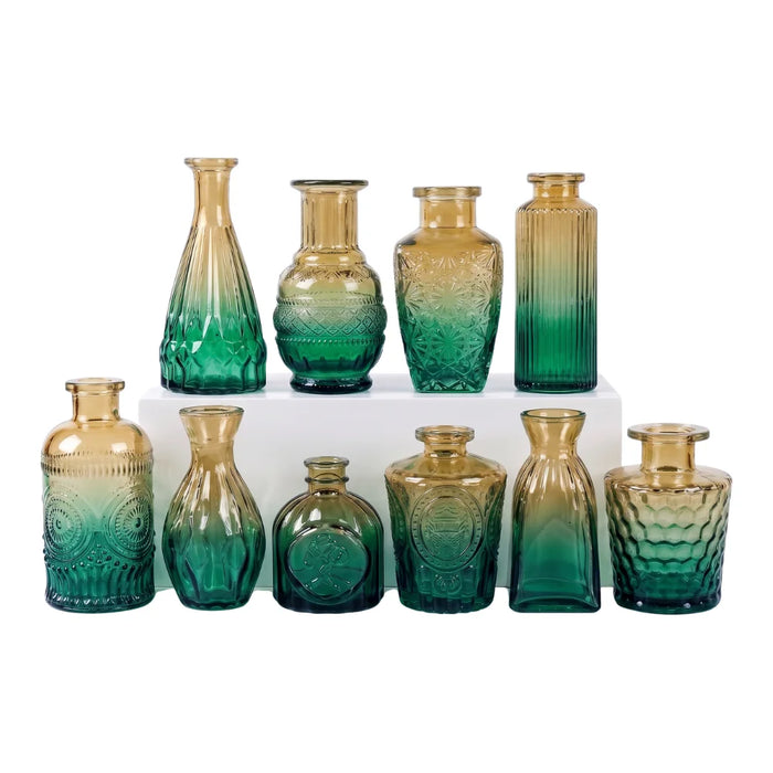 Set 10 Floreros Vidrio Tallado Efecto Degradado Decorativo