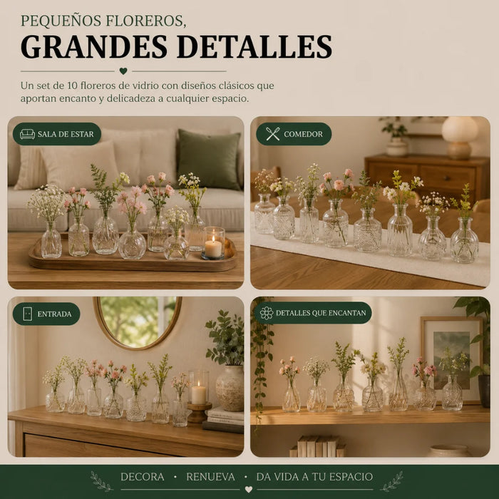 Set 10 Floreros Vidrio Tallado Efecto Degradado Decorativo