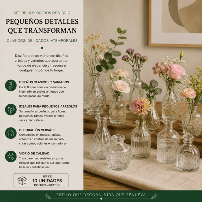 Set 10 Floreros Vidrio Tallado Efecto Degradado Decorativo