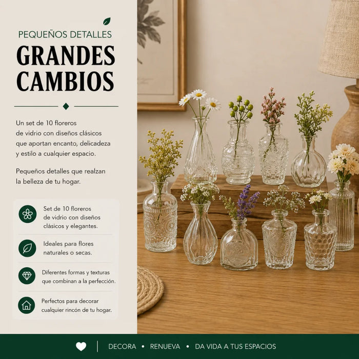 Set 10 Floreros Vidrio Tallado Efecto Degradado Decorativo