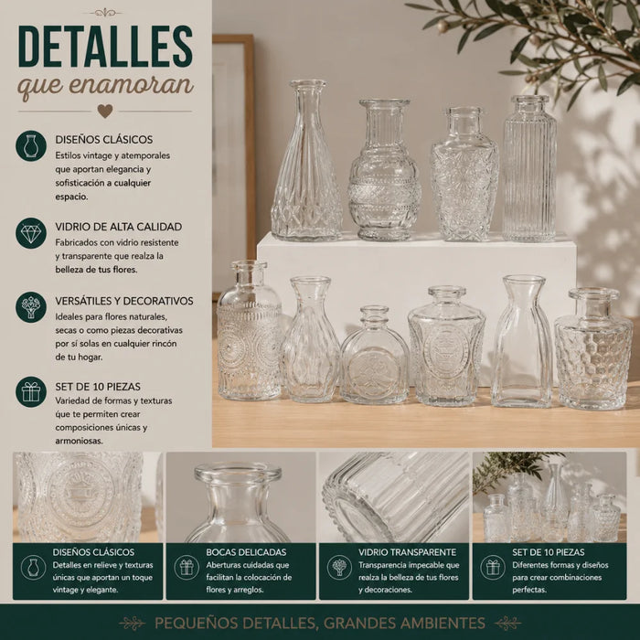 Set 10 Floreros Vidrio Tallado Efecto Degradado Decorativo