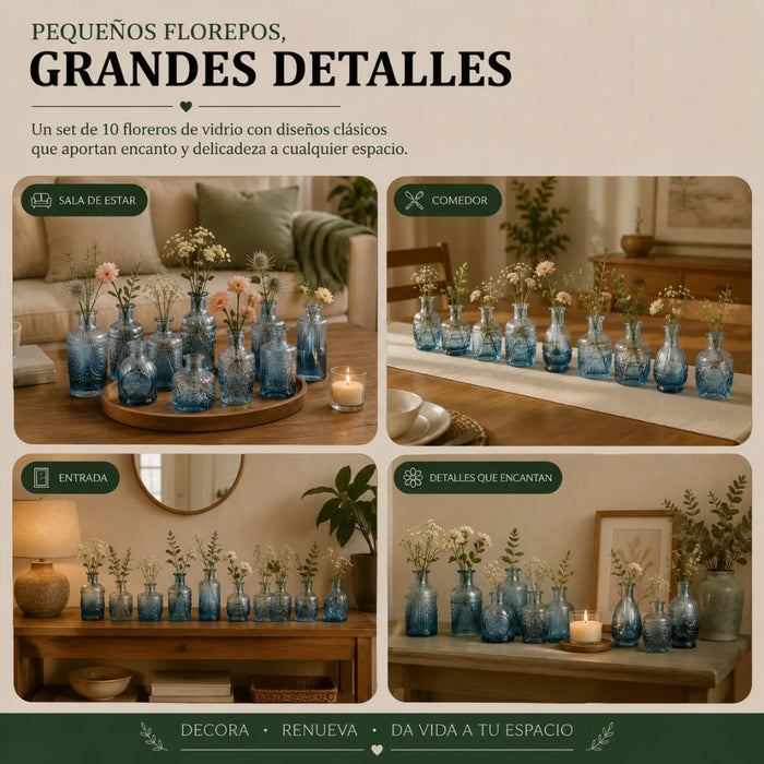 Set 10 Floreros Vidrio Tallado Efecto Degradado Decorativo