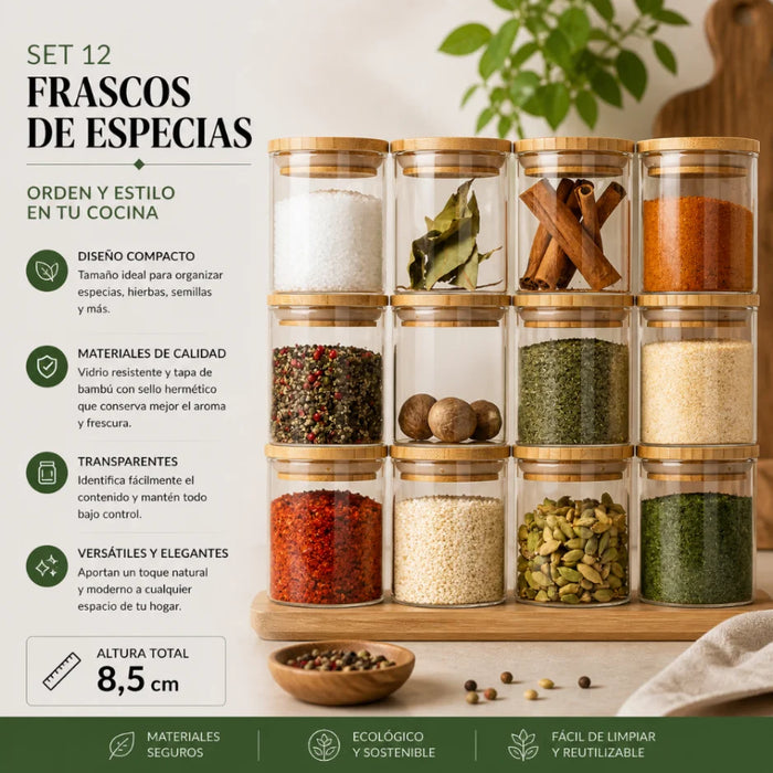 Set 12 Frascos de Especias Condimentos Con Tapa Bambu Cocina