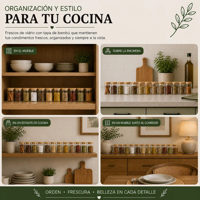 Set 12 Frascos de Especias Condimentos Con Tapa Bambu Cocina