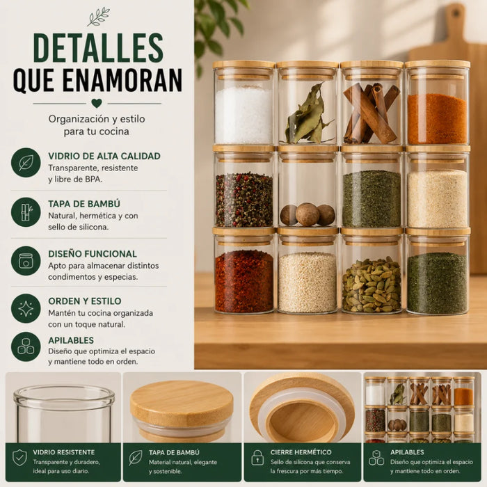 Set 12 Frascos de Especias Condimentos Con Tapa Bambu Cocina