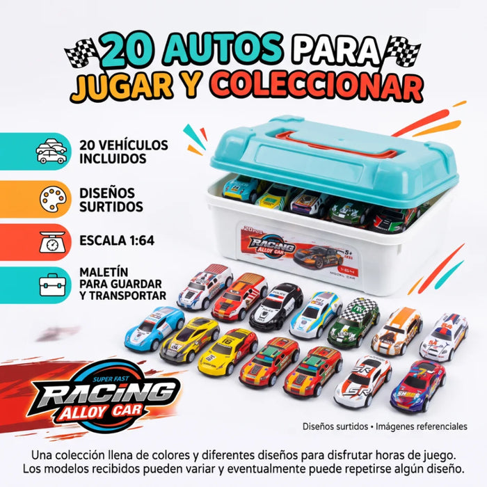Set 20 Autitos De Metal Con Maletín Caja Organizadora Infantil