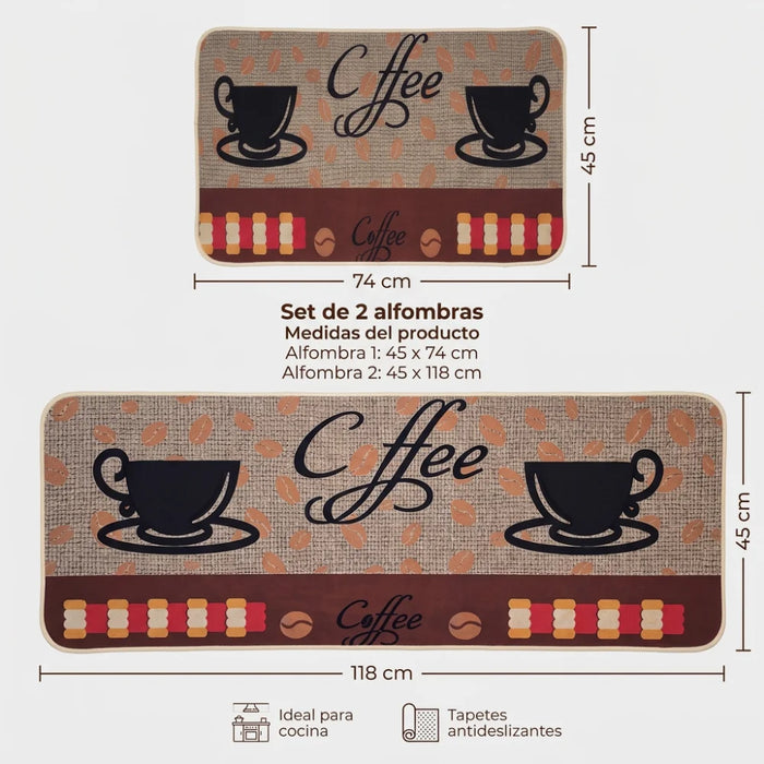 Set 2 Alfombras De Cocina Goma Antideslizante Diseño Coffee