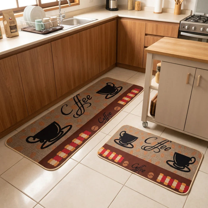 Set 2 Alfombras De Cocina Goma Antideslizante Diseño Coffee
