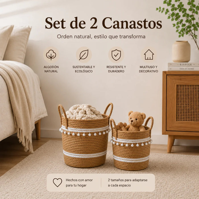 Set 2 Canastos Cesta Yute Diseño Algodón Tejido Rustico
