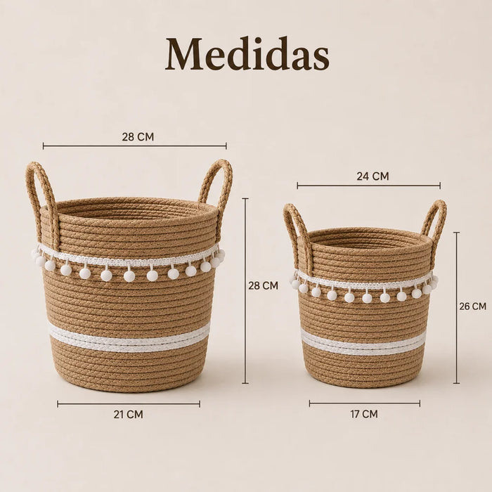 Set 2 Canastos Cesta Yute Diseño Algodón Tejido Rustico