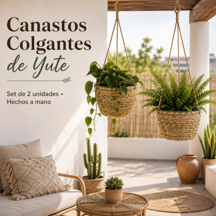 Set 2 Canastos Porta Macetero Colgante Fibra Jardin Terraza