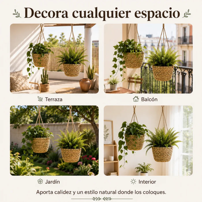 Set 2 Canastos Porta Macetero Colgante Fibra Jardin Terraza